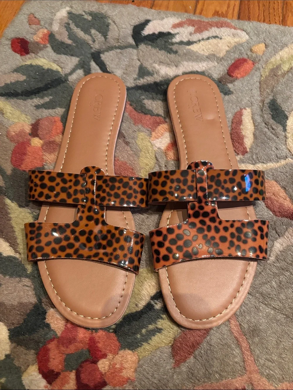 J. Crew Leopard-Print Patent Slide Sandals - Tan and Black